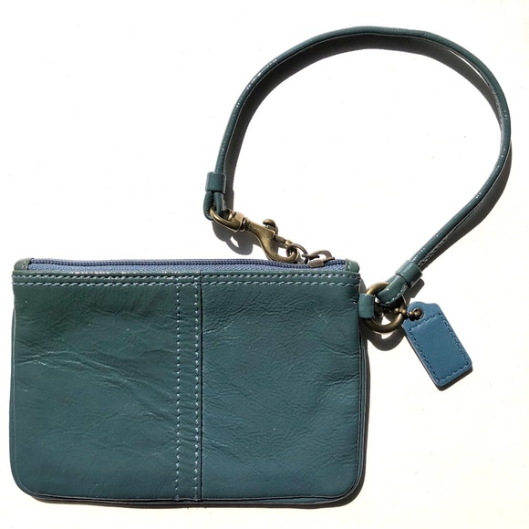 Coach Patent Leather Small Wristlet Wallet Teal Blue Embossed zipper brass plaid - Picture 5 of 7
